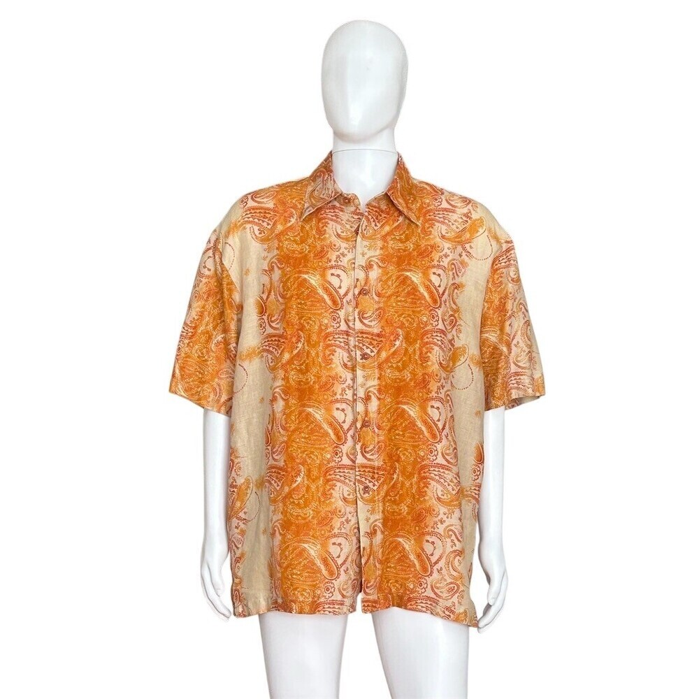 Syllables Men's Camp Shirt XL Orange & Cream Paisley Short Sleeve Button - Picture 3 of 12